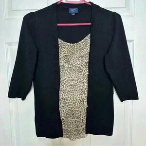 Reitman’s Cardigan Built in Shirt Leopard Print Ruffles Black/Brown/Tan Sz MED P